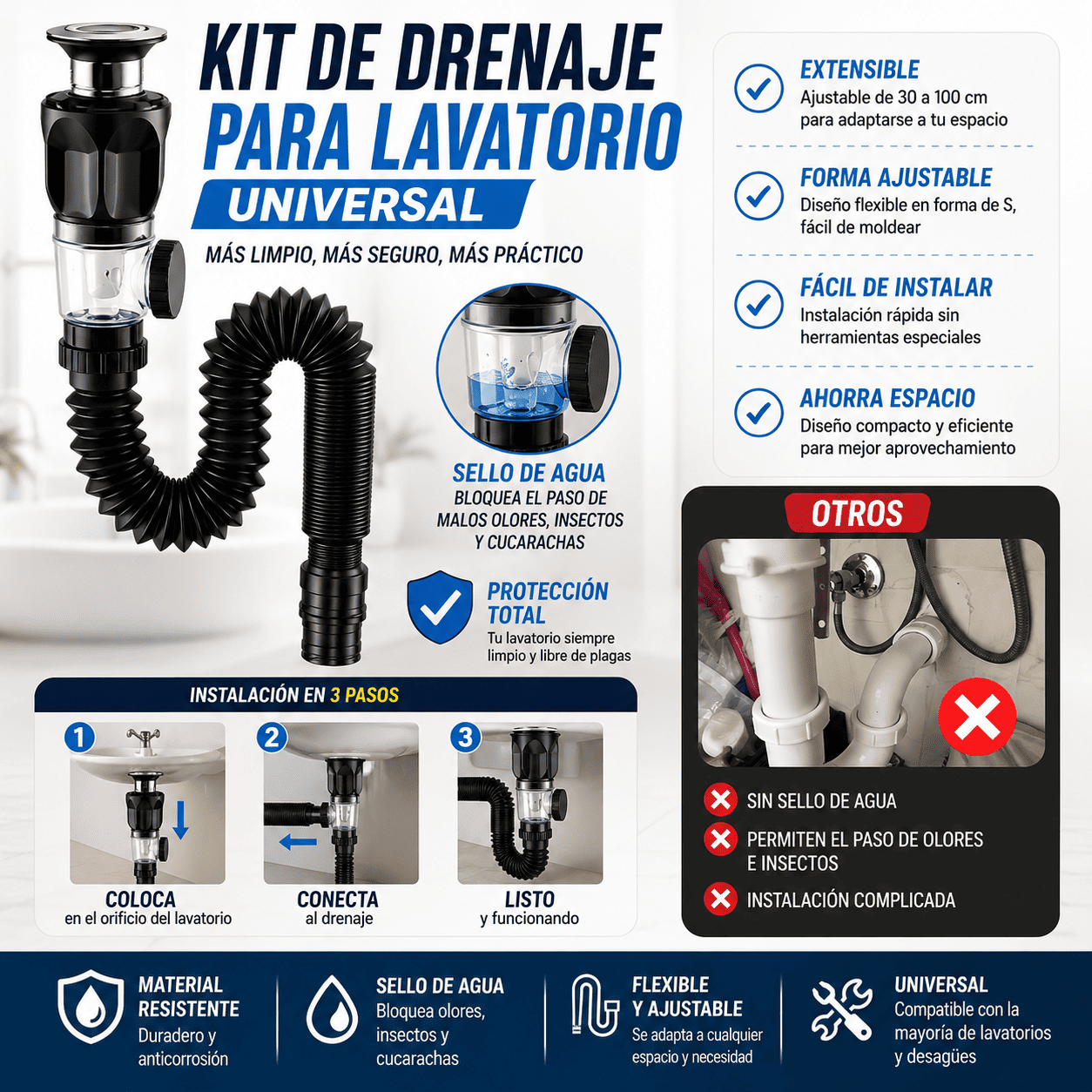 Kit de drenaje para lavatorio universal